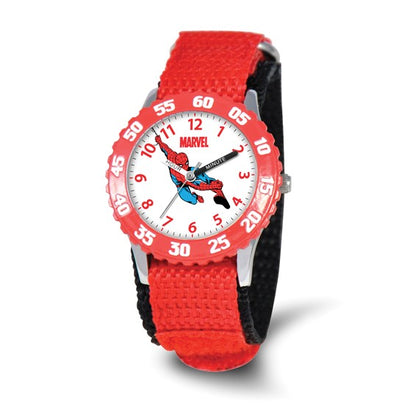 The Quality Gold Watch - Spiderman Kids Red Velcro (XWA3638) features a red and black fabric strap, Spider-Man swinging on the white dial, bold bezel numbers, and “MARVEL” above Spider-Man—a fun Marvel watch for young heroes!.