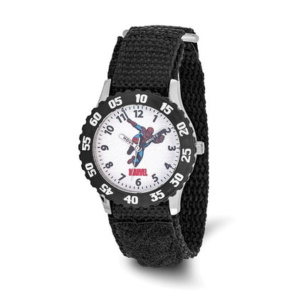 The Quality Gold Watch - Spiderman Kids Black Velcro (XWA3639) features a black fabric strap, easy Velcro closure, and a colorful Spider-Man design on the white dial with minute markers. It's the perfect watch for young Marvel fans.