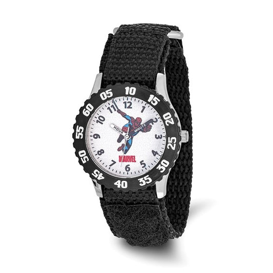 The Quality Gold Watch - Spiderman Kids Black Velcro (XWA3639) features a black fabric strap, easy Velcro closure, and a colorful Spider-Man design on the white dial with minute markers. It's the perfect watch for young Marvel fans.