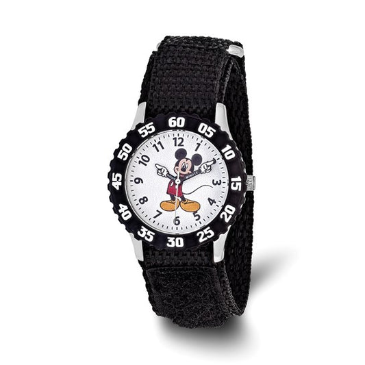 The Quality Gold Watches - Disney Kids Mickey Mouse Black Velcro Time Teacher (XWA3683) features a black band, white face, Mickey Mouse pointing to the time, black hour markers, stainless steel case, and a black bezel with white numerals.
