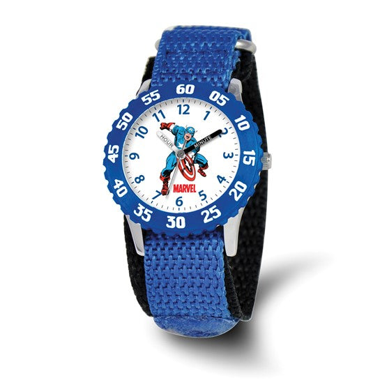 The Quality Gold Watch - Captain America Kids Blue Velcro (XWA3712) features a blue strap, bezel with minute markers, and Captain America holding his shield on the dial—a perfect Marvel watch for young fans.
