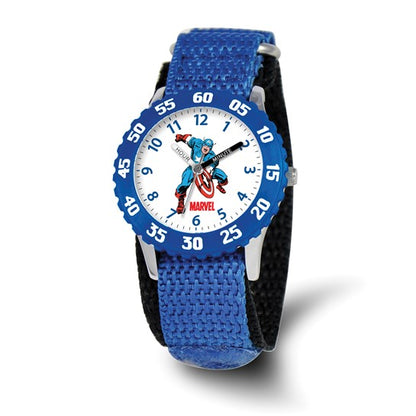The Quality Gold Watch - Captain America Kids Blue Velcro (XWA3712) features a blue strap, bezel with minute markers, and Captain America holding his shield on the dial—a perfect Marvel watch for young fans.