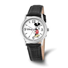 The Quality Gold Watch - Adult Mickey Mouse Black Strap (XWA4384) features a black strap, round silver case, and white dial with Mickey Mouse. His arms serve as hands, and black numerals add classic style to this playful Quality Gold timepiece.