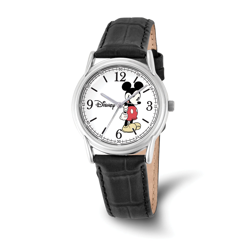 The Quality Gold Watch - Adult Mickey Mouse Black Strap (XWA4384) features a black strap, white dial with black numbers, Mickey’s arms as hands, and the Disney logo. A playful adult watch from Quality Gold.
