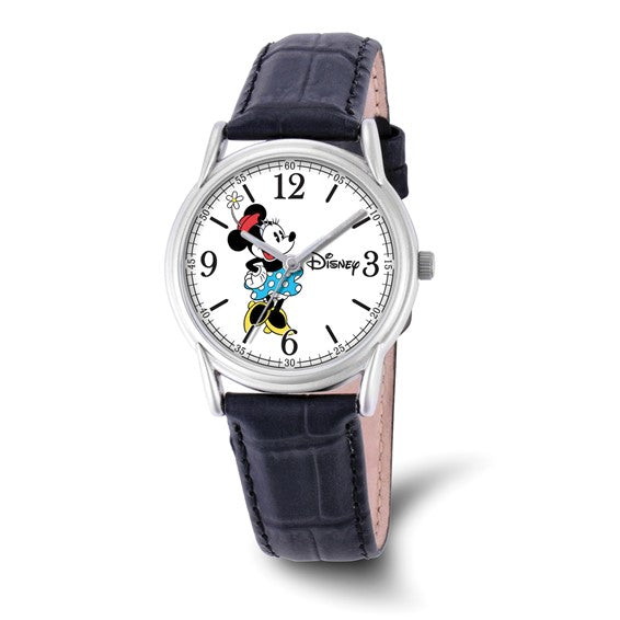 The Quality Gold Watch - Minnie Mouse - XWA4385 by Quality Gold features a black leather strap, a round face with Minnie Mouse in a blue dress on white, and her arms as the hour and minute hands in this charming quartz womens watch.