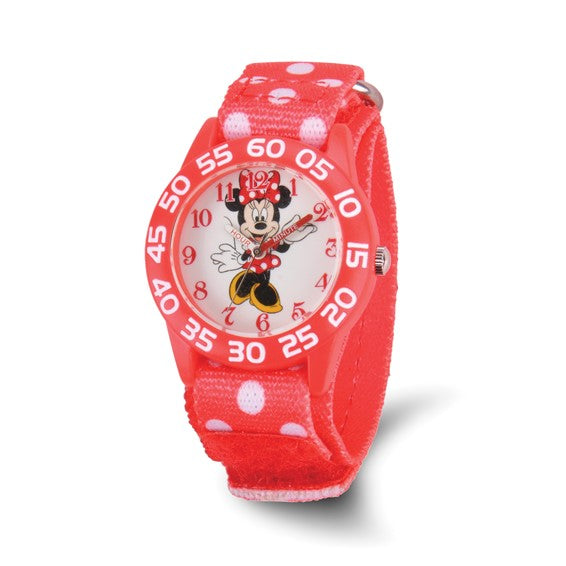 The Quality Gold Watch - Disney Kids Minnie Mouse Acrylic (XWA4951) features a playful polka dot fabric strap, round face with Minnie Mouse, numbered bezel, black hands, and is hypoallergenic—perfect for children.