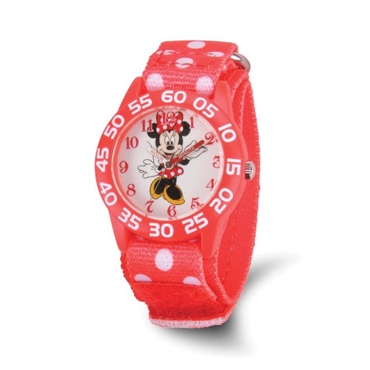 The Quality Gold Watch - Disney Kids Minnie Mouse Acrylic (XWA4951) features a playful polka dot fabric strap, round face with Minnie Mouse, numbered bezel, black hands, and is hypoallergenic—perfect for children.