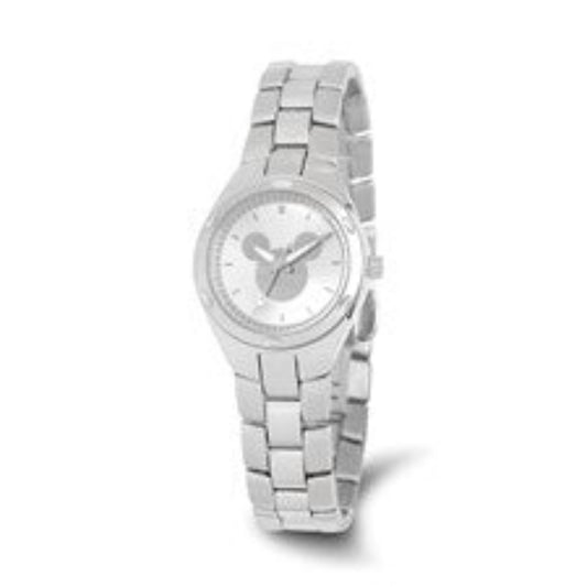 The Quality Gold Watch - Ladies Silver Dial Mickey Mouse (XWA5150) by Quality Gold features a round silver face with three hands and a stainless steel link band, shown at a slight angle on a plain white background.
