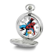 The Quality Gold Watch - Spiderman Pocket - XWA5220 by Quality Gold features an alloy case and an open lid revealing Spider-Man swinging with the Marvel Comics logo on a vivid watch face.