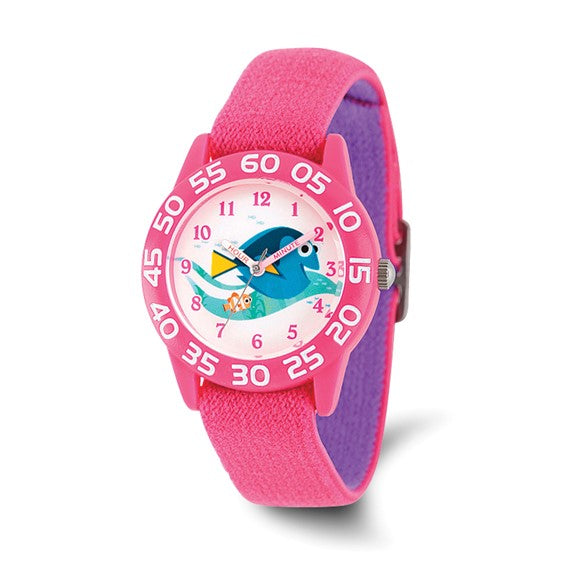 Children's watch with pink strap and cartoon character on a white background