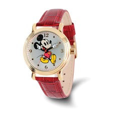 The Quality Gold Watch - Adult Mickey Mouse Red - XWA5760 by Quality Gold features a gold tone case, red leather strap, and a colorful Mickey Mouse image on the dial. Mickey’s arms serve as the hour and minute hands for a playful look.