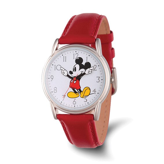 The Quality Gold Watch - Mickey Red Strap Adult (XWA5771) by Quality Gold is a unisex quartz watch with a red leather strap and round face. Features Mickey Mouse in red shorts and yellow shoes, with his arms as the hour and minute hands.