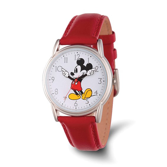 The Quality Gold Watch - Mickey Red Strap Adult (XWA5771) by Quality Gold is a unisex quartz watch with a red leather strap and round face. Features Mickey Mouse in red shorts and yellow shoes, with his arms as the hour and minute hands.