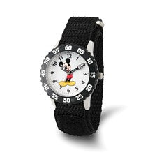 The Quality Gold Watch - Mickey Mouse Kids Black Fabric (XWA5787) is a fun childrens watch with a black strap, white face, and Mickey Mouse pointing to the time with its arms; numbers are on the bezel. Brand: Quality Gold.