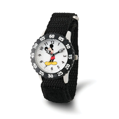 The Quality Gold Watch - Mickey Mouse Kids Black Fabric (XWA5787) by Quality Gold features a round face with Mickey’s arms as hands and a black fabric strap. White bezel numbers at five-second intervals make it perfect for kids learning to tell time.