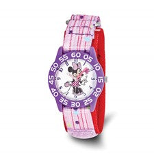 The Quality Gold Watch - Minnie Mouse Kids Polka Dot Fabric (XWA6191) features a pink and purple strap, a white face with Minnie Mouse, and large white numbers on the purple bezel.