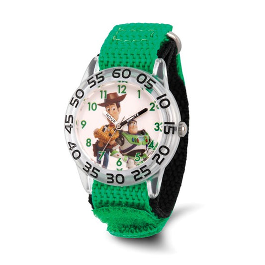 The Quality Gold Watch - Disney Toy Story Kids Green Fabric (XWA6216) features Woody and Buzz on the dial, a green and black fabric strap, plus easy-read hour (1–12) and minute (5–60) numbers.