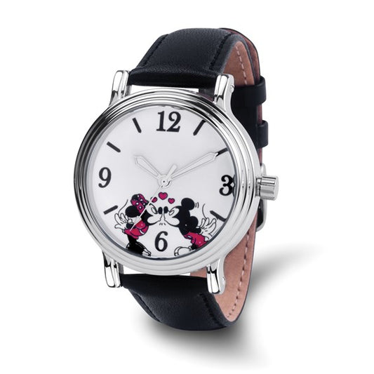 The Quality Gold Watch - Mickey & Minnie - XWA6339 features a black leather band, silver alloy bezel, and a white face with Mickey & Minnie plus bold black numerals at 12, 3, 6, and 9. Brand: Quality Gold.