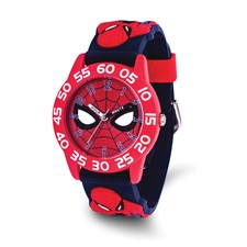 The Quality Gold Watch - Spider-Man Watch (XWA6341) by Quality Gold features a red and black web design, Spider-Man’s eyes on the dial, bold white numbers, and fun graphics—perfect for young heroes!.