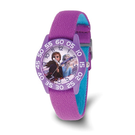 The Quality Gold Watch - Frozen Elsa and Anna (XWA6419) for kids features Elsa and Anna on the dial, large white minute numbers, a textured purple strap, and is perfect for Disney Frozen fans.