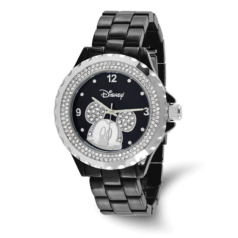 A black and silver women's watch with a Mickey Mouse design on the dial, surrounded by a crystal bezel, and a black band.