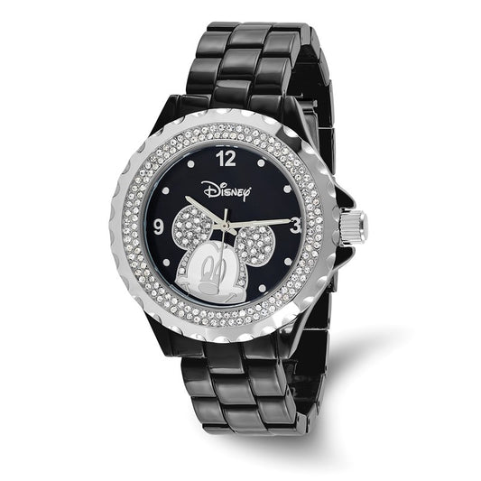 A black and silver women's watch with a Mickey Mouse design on the dial, surrounded by a crystal bezel, and a black band.