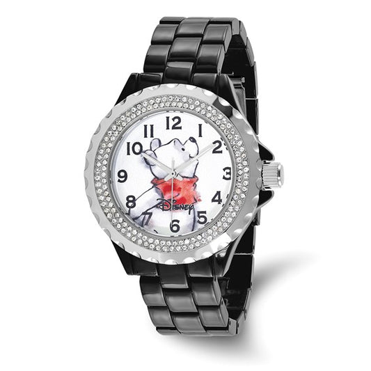 The Quality Gold Winnie the Pooh Watch (XWA6439) for women features a black band, round face, rhinestone bezel, and a fun Winnie the Pooh illustration—making it a stylish accessory for any Disney fan.