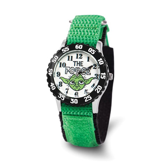The Quality Gold Watches - Star Wars Yoda Kids Stainless Steel (XWA6459) by Quality Gold features a green fabric band, black bezel with minute markings, and large easy-to-read numbers—ideal for young Star Wars fans learning to tell time.