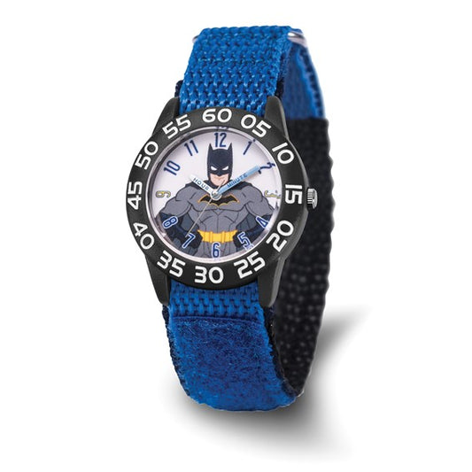 The Quality Gold Watch - Warner Bros Kids Batman Blue Velcro (XWA6689) features a blue and black fabric strap, easy-read numbers, and a Batman design, making it the ideal Quality Gold watch for young superhero fans.