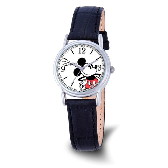 The Quality Gold Watch - Mickey Mouse - XWA6733 by Quality Gold is a unisex quartz watch with a black leather strap and a round face. Mickeys arms serve as the clock hands, making this stylish watch both fun and functional.