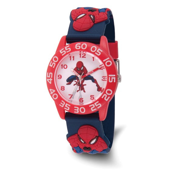 The Quality Gold Watch - Kids Spider Man 3D Str - XWA6748 by Quality Gold is a children’s analog wristwatch with a red and blue Spider-Man theme, featuring Spider-Man faces on the strap and his image on the dial.