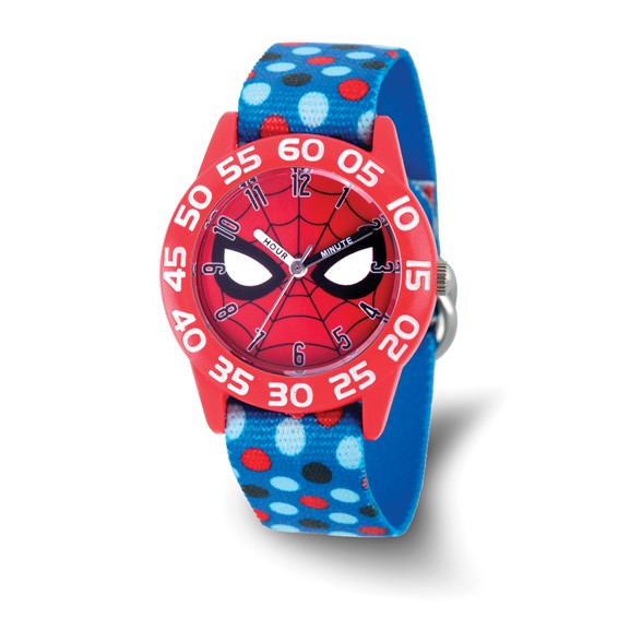 The Quality Gold Watch - Spiderman Kids Polkadot (XWA6759) features a red case, Spider-Man dial, and blue strap with white, red, and light blue polka dots. Time-teacher numbers around the dial make learning to tell time easy.