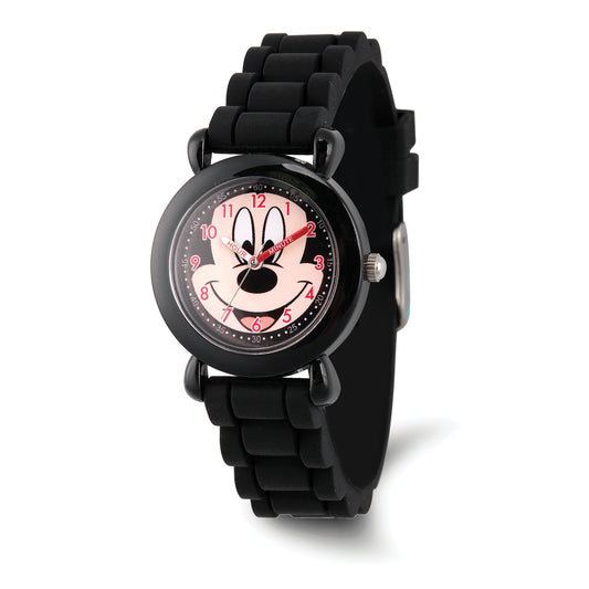 The Quality Gold Watch - Mickey Mouse Face Kids Silicone - XWA6762 is a black children’s watch featuring a smiling Mickey Mouse on the round face with black numbers and a comfy black silicone strap from Quality Gold.
