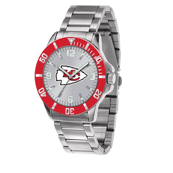 The Quality Gold Watch - Kansas City Chiefs - XWM2419 by Quality Gold features a silver stainless steel band, red and gray bezel, team logo on the center dial, and bold white numbers—perfect for stylish Kansas City Chiefs fans.