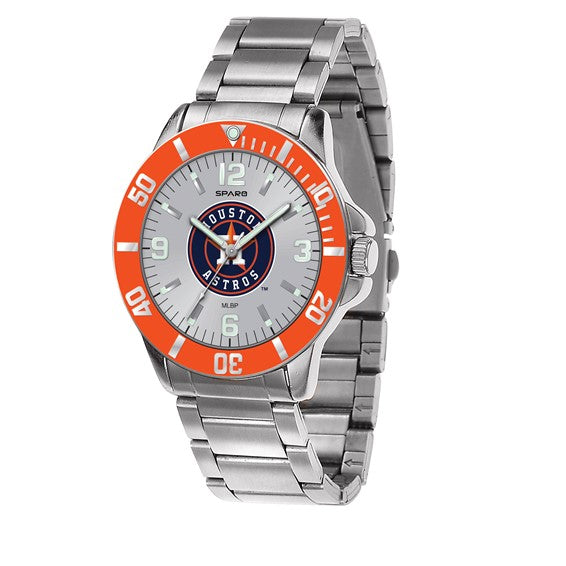 Display your team pride with the Quality Gold Watch - Houston Astros - XWM2490. This licensed Quality Gold watch features a silver link band, round face with orange and white bezel, bold numbers, and Astros logo at the center.