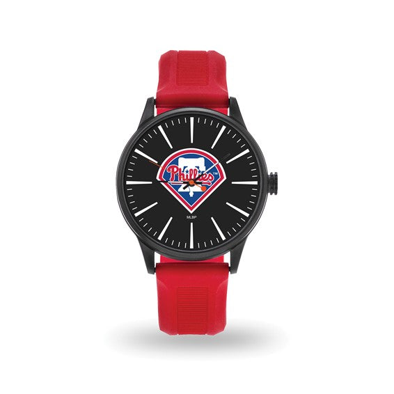 A watch with a Philadelphia Phillies logo on the dial, featuring a red silicone band and black accents.