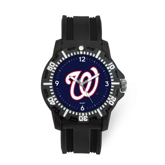 The Quality Gold Watch - Washington Nationals Silicone Band (XWM3173) features a round black face with a bold red and white W logo on navy, white minute markers, and a comfy black silicone band—ideal for any Nationals fan.