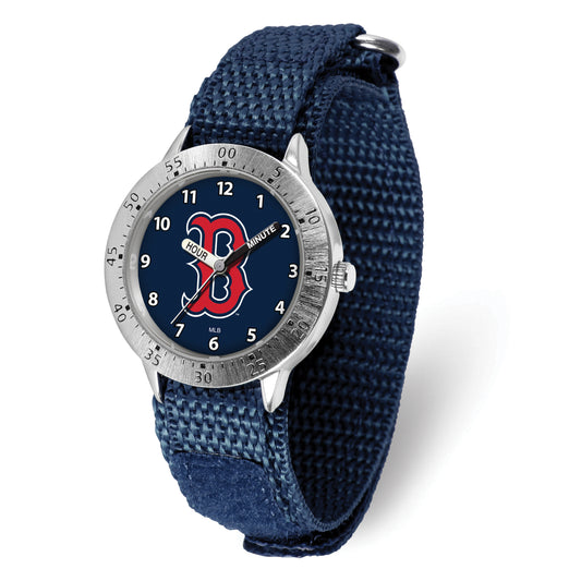 The Quality Gold Watch - Boston Red Sox Tailgater Youth (XWM3209) features a navy blue fabric strap, round face with a bold red B logo on a dark background, silver hour markers, and a bezel with minute markers.