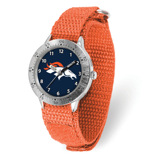 The Quality Gold Watch - Denver Broncos Tailgater Youth (XWM3245) features an orange fabric strap, silver bezel, and a dark blue face with the team’s horse logo—ideal as a children’s watch for any young Denver Broncos fan.