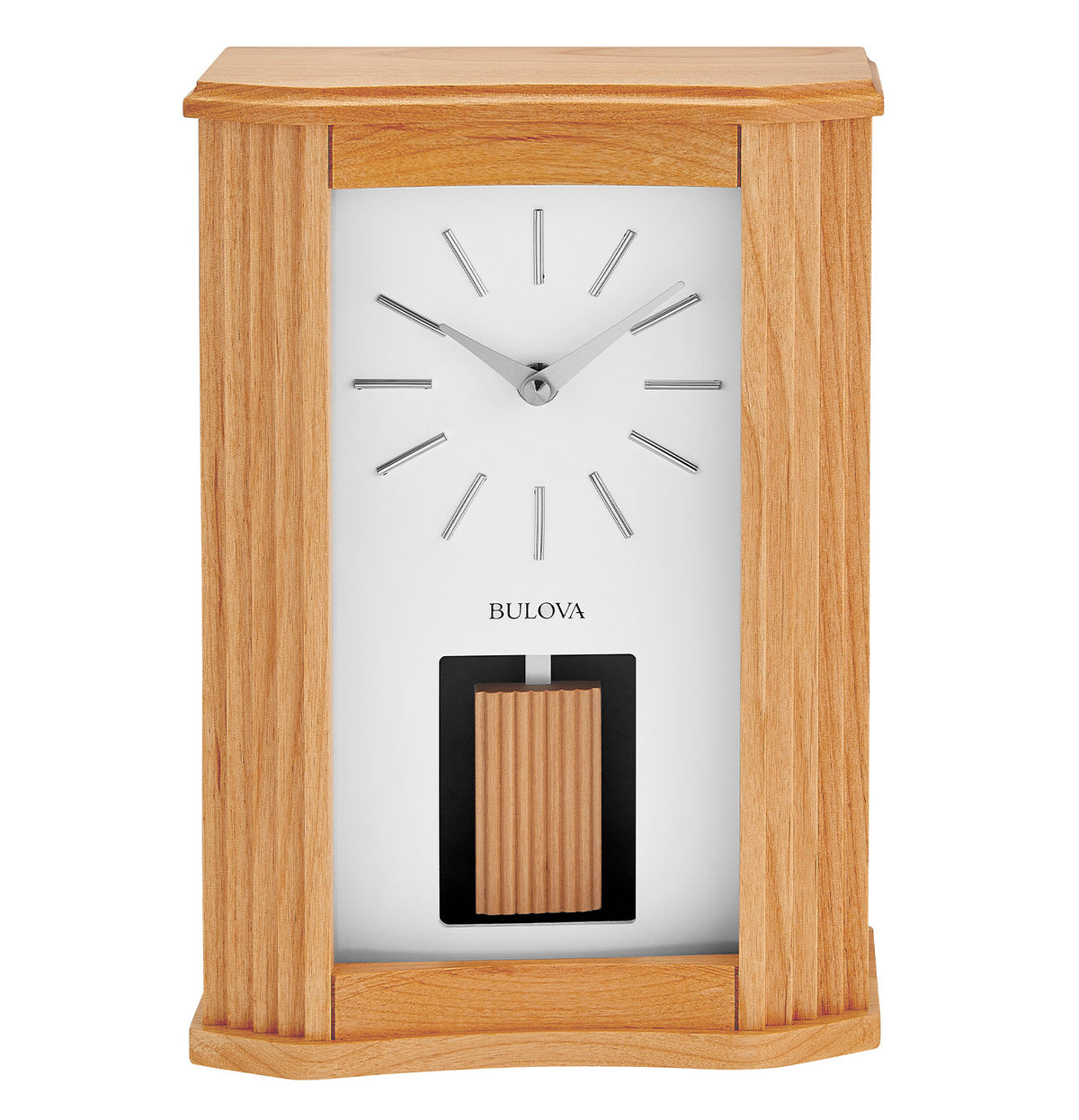 Rectangular wooden Bulova Clock - Chicago - B1525 chiming table clock with a white face, silver hands, and a visible rectangular pendulum.