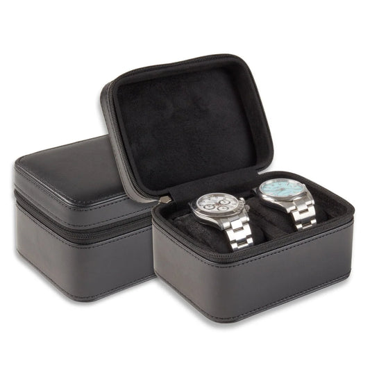 Two black zippered BeyBerk Watch Box - Black Matteo Watch Case - BB716BLK storage cases, one closed and one open, containing two silver-tone wristwatches.
