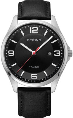 Introducing the Bering Watch - Titanium - 16040-402 by Bering, featuring a striking black dial with white numerals, a silver titanium case, and a sophisticated black leather strap. This elegant timepiece is designed with a vibrant red second hand and protected by durable sapphire crystal glass. It also offers convenient date display at the 3 o’clock position for added functionality.