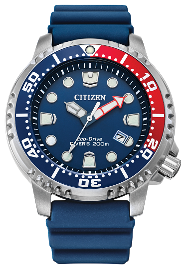 The Citizen Promaster Dive BN0168-06L features a blue and red bezel, blue dial with silver markers, luminous hands, date display, a blue rubber strap, and is water resistant to 200m—perfect for diving.