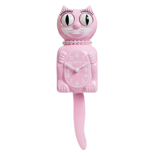 The California Clocks Kit-Cat Klock - Bubblegum Pink Lady (LBC-59) brings a playful retro touch to your space with its cat-shaped design, moving tail, pearl necklace, large expressive eyes, and smiling face. The easy-to-read clock face is set on the belly for convenient viewing.