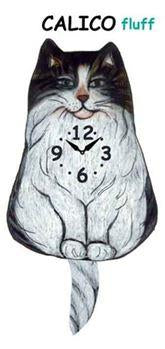 The Pink Cloud Cat - Calico Fluff - Wagging Tail Cat Clock features a fluffy calico cat shape with the clock face on its belly, a wagging tail, and "CALICO fluff" above in light blue.