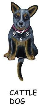The Pink Cloud Cattle Dog - Wagging Tail Clock features a clock face with 9, 6, and 3 on the dog’s chest, a hanging tail, and “CATTLE DOG” below—ideal for pet lovers.