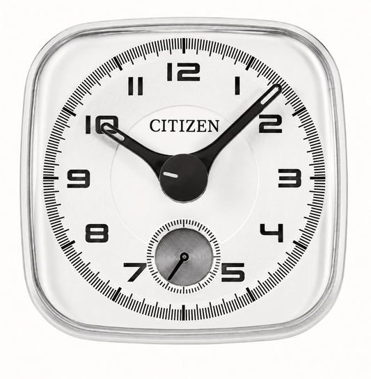The CC2103 CITIZEN ALARM CLOCK SILVER by Citizen features a square silver design with an analog display reading 1:50, the CITIZEN brand name at the center, and a small seconds dial near the bottom. This elegant chrome-plated tabletop alarm clock blends timeless style with dependable functionality, making it a perfect addition to any space.
