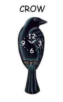 The Pink Cloud Crow - Wagging Tail Clocks features a black crow design with white numbers and hands on its body, plus the word "CROW" above the clock.