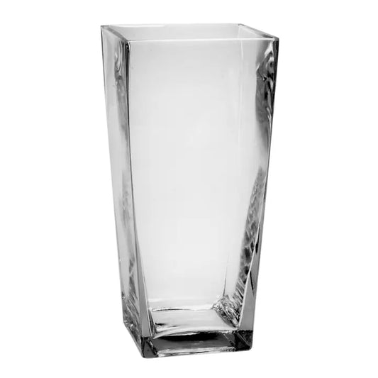 The Jacobson Flared Square Glass Vase (HD89303) is a clear, tall vase with smooth sides and a thick base, shown upright on a white background.