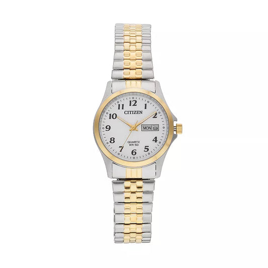 The Citizen Quartz Watch - Ladies Two-Tone Quartz (model EQ2004-95A) by Citizen features a white face with black Arabic numerals, analog day/date display, gold-tone crown, and a sleek silver-and-gold metal link band.
